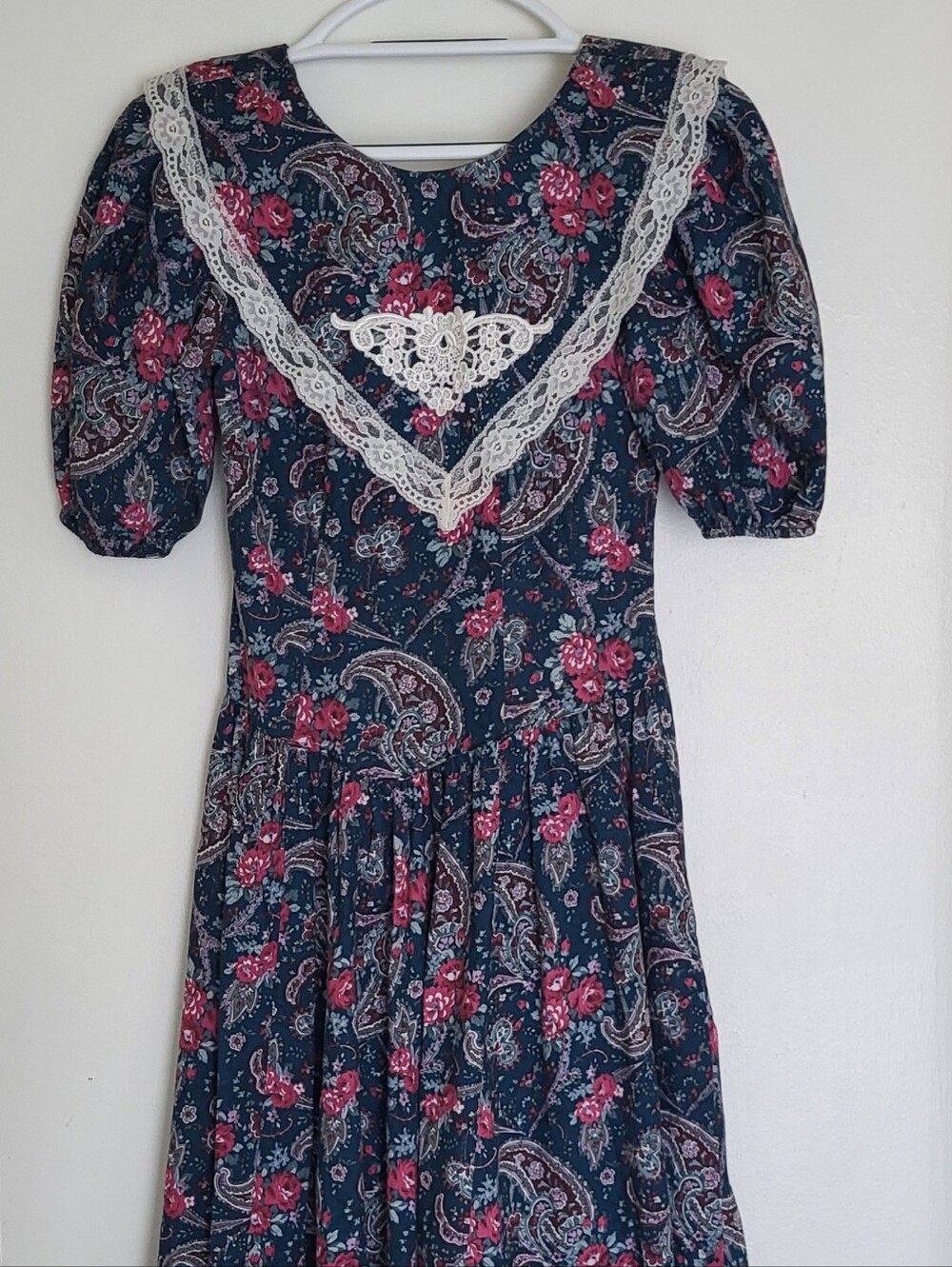 VTG 80's Floral Lace-Trim Maxi Dress 3 Puff Sleeves Green Union Made USA